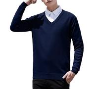 Maglione da uomo con scollo a V, slim fit, tinta unita, per autunno e inverno, classico, lavorato a maglia, in tessuto delicato sulla pelle, elasticizzato, comodo sotto maglietta, BU1, L