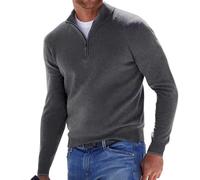 Maglione da uomo in cashmere con zip a un quarto e scollo a V a maniche lunghe tinta unita polo lavorato a maglia pullover autunno inverno caldo felpa, Grigio, L