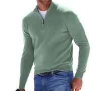 Maglione da uomo in cashmere con zip a un quarto e scollo a V a maniche lunghe tinta unita polo lavorato a maglia pullover autunno inverno caldo felpa, Verde, XL