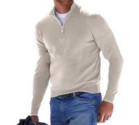 Maglione da uomo in cashmere con zip a un quarto e scollo a V a maniche lunghe tinta unita polo lavorato a maglia pullover autunno inverno caldo felpa, Beige, L