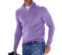 Maglione da uomo in cashmere con zip a un quarto e scollo a V a maniche lunghe tinta unita polo lavorato a maglia pullover autunno inverno caldo felpa, Viola, M