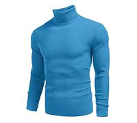 Maglione da uomo in tinta unita, con collo alto, a coste, a maniche lunghe, leggero, a maglia fine, per il tempo libero, a maniche lunghe, slim fit, Azzurro, M