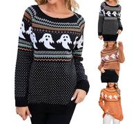 Maglione di Halloween da donna, grande, maglione invernale da donna, caldo, interno, scollo rotondo, manica lunga, con stampa di Halloween, maglione con motivo fantasmi, casual, tunica, Nero , S