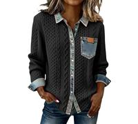 Maglione di jeans per le donne colletto abbottonato patchwork denim pullover camicia maglione jeans maglia abbigliamento casual camicette camicie petite per le donne manica lunga, Nero , L