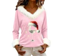 Maglione di Natale da donna Ugly T-shirt multicolore stampata autunno inverno maglione manica lunga tunica scollo a V top christmas moda pelliccia chic grande taglia top confortevole, Rosa, M