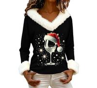 Maglione di Natale da donna Ugly T-shirt multicolore stampata autunno inverno maglione manica lunga tunica scollo a V top christmas moda pelliccia chic grande taglia top confortevole, Nero , L