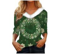 Maglione Di Natale Donna Scollo a V in Peluche Peloso Maglioni Natale Donna Manica 3/4 Caldo Morbido E Confortevole Divertente Felpe Noel Famiglia Abiti Christmas Pullover Sportswear Shirt Top Tunica