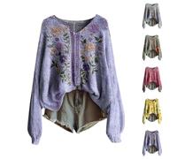 Maglione Disegno Autunno Donna Maglione Donna Chic Elegante Scollo A V Felpa Stampa Floreale Pullover Vintage Modello Top Maglia 2025 Nuova Tunica Casual Felpa Mi Stagione Leger Tunica S-3Xl, verde