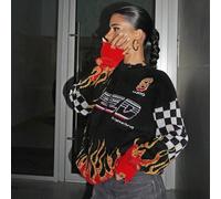 Maglione donna con scollo a goccia, stampa fuoco e lettera, stile bikercore, per l`autunno e la primavera, maniche lunghe L,M,S,XL,XS,XXSLettere,quadriMaglieria