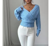 Maglione elegante da donna a tinta unita con scollo a V e chiusura a incrocio, adatto per l'autunno/inverno L,M,S,XSColore unicoMaglieria