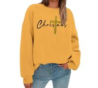 Maglione fitness donna Natale glitter grafica felpa a maniche lunghe girocollo casual vacanza pullover top oversize collo camicia donna, Giallo-signore Felpe, M