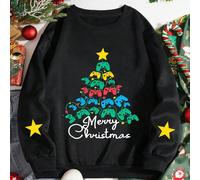 Maglione girocollo a maniche lunghe per ragazze pre-adolescenti, con stampa di un albero di Natale combinato con un controller di gioco e una stella, stile natalizio con un tocco creativo, novità autu