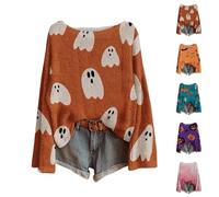 Maglione Halloween Donna Grande Dimensione, Maglione Sottile Donna Manica Lunga Girocollo, Felpa Stampa Halloween con Motivo Zucche E Fantasmi 2025 Nuovo Pullover Personalizzato Top Maglia Tunica, blu