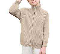 Maglione in cotone per bambini con ago spesso e filo di puro cotone con zip. Coat for Children of All Genders Baby Size Knitted Cardigan to Be Worn As An Outerwear. Uomo Auto, beige., 9-10 Anni