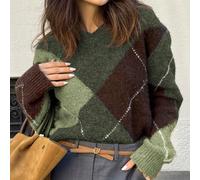 Maglione invernale natalizio da donna Live To Mo, casual, con motivo a rombi, maniche lunghe, maglia, verde, abbigliamento da ufficio alla moda, design minimalista, essenziale per l'outfit quotidiano 