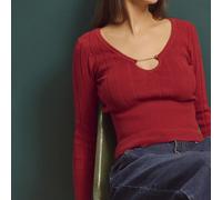 Maglione lavorato a maglia color ruggine con scollo a V profondo decorato con un anello dorato e maniche lunghe aderenti, elegante per l'autunno-inverno L,M,S,XL,XSColore unicoMaglia Pettinata