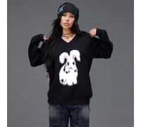 Maglione lavorato a maglia con cappuccio, maniche lunghe, scollo a V, in morbida miscela di mohair e motivo jacquard, stile college rock ribelle, dolce e carino, adatto per l'autunno/inverno e Ognissa