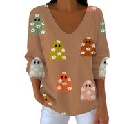 Maglione lavorato a maglia da donna Halloween Top da donna scollo a V manica lunga Halloween piccola maglietta stampata speciale camicetta per casa all'aperto regali per feste, Oro, L