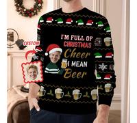 Maglione lavorato a maglia girocollo personalizzato, carica una foto per un design personalizzato del viso, maglione natalizio con motivo di Babbo Natale e boccale di birra - "Sono pieno di allegria",