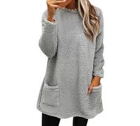 Maglione lungo da donna, casual, per leggings, maglione in pile, da donna, oversize, a maniche lunghe, caldo, con tasche, senza cappuccio, soffice felpa in pile, grigio., m