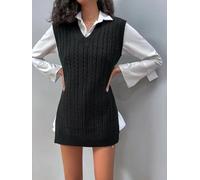 Maglione lungo da donna, con scollo a V, senza maniche, lavorato a maglia, con spacco laterale, lunghezza a tunica, per autunno e inverno