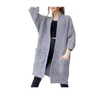 Maglione lungo da donna con scollo a V, tinta unita, casual, lavorato a maglia, cardigan con tasche, Grigio, Taglia unica