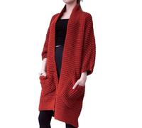 Maglione lungo da donna con scollo a V, tinta unita, casual, lavorato a maglia, cardigan con tasche, Rosso, Taglia unica