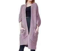 Maglione lungo da donna con scollo a V, tinta unita, casual, lavorato a maglia, cardigan con tasche, Viola, Taglia unica