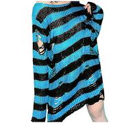 Maglione lungo da donna punk gotico per le donne scava fuori foro rotto maglione sciolto top lunghi maglioni invernali per, Blu, Taglia unica