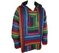 Maglione messicano stile baja e jerga con cappuccio, colorato, strisce arcobaleno, stile hippie, per festival, taglie S, M, L, XL, XXL multicolore L
