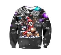 Maglione natalizio 3D da uomo con alce divertenti, a maniche lunghe nere con motivi a cartoni animati ed effetti luminosi, per Natale, Stile F01 Nero, L