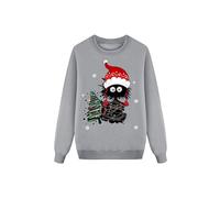 Maglione natalizio casual per tutta la famiglia con gatti decorativi, lettere grafiche, morbido tessuto in pile, ideale per occasioni festive nella stagione fredda, grigio., S