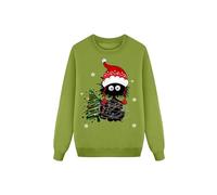 Maglione natalizio casual per tutta la famiglia con gatti decorativi, lettere grafiche, morbido tessuto in pile, ideale per occasioni festive nella stagione fredda, verde, S
