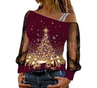 Maglione natalizio da donna con stampa albero di Natale da donna fuori dalle spalle divertenti maglioni natalizi da donna top scintillanti UK Boho felpa maglione natalizio pullover S-XXL, vino, L