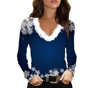 Maglione natalizio da donna con stampa divertente fiocco di neve con bordo in pelliccia sintetica felpe con scollo a V a maniche lunghe con cappuccio novità camicie per le vacanze di Natale Camicetta