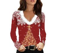 Maglione natalizio da donna con stampa divertente fiocco di neve con bordo in pelliccia sintetica felpe con scollo a V a maniche lunghe con cappuccio novità camicie per le vacanze di Natale Camicetta