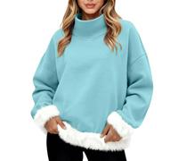 Maglione natalizio da donna, foderato in pile, felpe calde, termiche, a collo alto, a maniche lunghe, spesso da donna, vestibilità ampia, accogliente, invernale, camicette, blu cielo, L