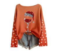 Maglione natalizio da donna stampato in bicchiere da vino, maglietta a maniche lunghe, girocollo a fiocco di neve alto grande per Natale, casual, confortevole, alla moda, morbida, classica tunica
