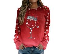 Maglione natalizio da donna Sweatshirt a girocollo a maniche lunghe con stampa renna, bicchiere di vino, Babbo Natale, maglietta natalizia, maglione natalizio, top, maglione, maglietta (e-Red, L)