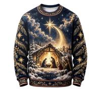 Maglione natalizio da uomo con stella e stalla | Un cielo notturno dettagliato, una stella luminosa e una scena stabile coprono la parte anteriore, con figure raccolte sotto