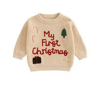 Maglione natalizio per neonato, unisex, a maglia a maniche lunghe, abbigliamento per il mio primo Natale, abbigliamento invernale, maglione caldo, Kaki My First Christmas, 9-12 mesi