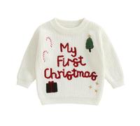 Maglione natalizio per neonato, unisex, a maglia a maniche lunghe, abbigliamento per il mio primo Natale, abbigliamento invernale, maglione caldo, Bianco My First Christmas, 3-6 Mesi