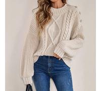 Maglione oversize casual da donna con collo alto, maniche a sbuffo lunghe, motivo a trecce, decorazione con bottoni, adatto per l'autunno/inverno, ideale per il ritorno a scuola L,M,SMaglia Pettinata