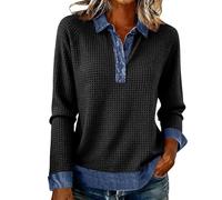 Maglione per le donne Waffle Knit Top Colletto Button Up Patchwork Pullover Camicia Elegante Casual Felpa Denim Maglione Per Le Donne, Grigio scuro, M