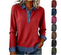 Maglione per le donne Waffle Knit Top Colletto Button Up Patchwork Pullover Camicia Elegante Casual Felpa Denim Maglione Per Le Donne, Rosso, XL