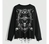 Maglione pullover ampio e rovinato con motivo jacquard teschio gotico scuro, falena, scheletro, stella, luna e occhio L,M,S,XL,XSHalloweenMaglieria