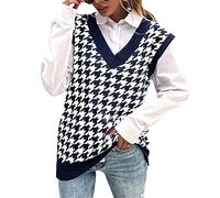 Maglione Senza Maniche Donna Ragazza Gilet Lavorato a Maglia Houndstooth Scozzese Autunno Inverno Elegante Scollo a V Pullover Maglioni Maglione Smanicato Maglia Gilet Motivo Pied de Poule Blu M