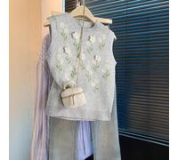 Maglione smanicato da donna elegante e alla moda, minimalista e versatile, adatto per il pendolarismo, con collo tondo, motivo floreale profumo 3D, per autunno/inverno L,M,S,XLPianteTessuto