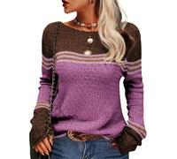 Maglione sottile Donna - Maglia Donna Collo Basso E Rotondo Retro Design Righe Colore Giunto Camicia Sfondo Comodi Sciolti Autunno Inverno Manica Lunga Maglione Plaid Top Casa, porpora, S