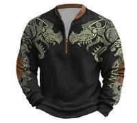 Maglione tradizionale da uomo a collo alto, senza cappuccio, per l'autunno, il mito nordico di Odin, con chiusura lampo, medievale, costume vichingo, maglione da lavoro, Nero , XXL
